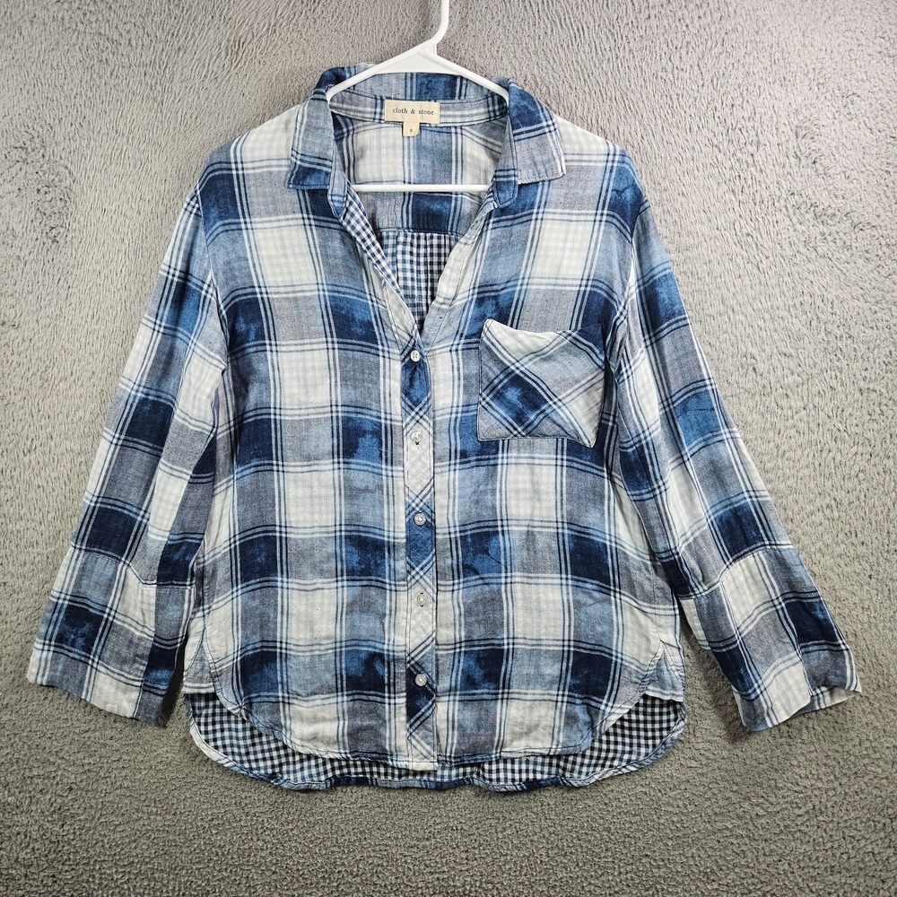 Cloth & Stone Shirt Women Small Button Up Long sleeve White Blue Plaid